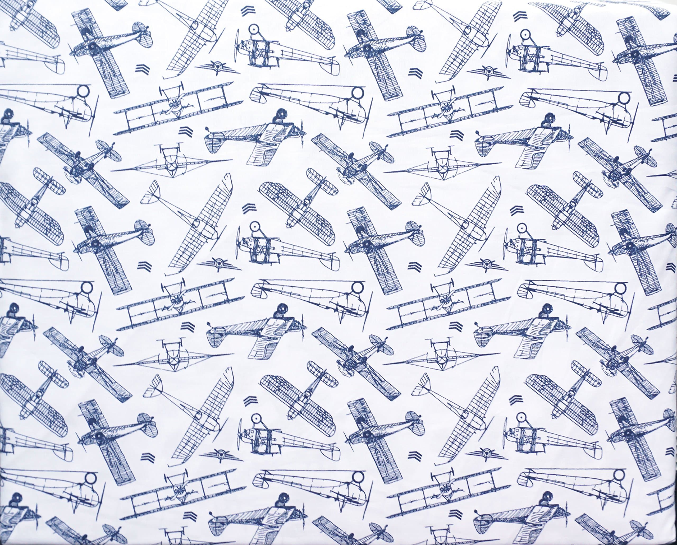 Envogue Kids 4 Piece Full Size Double Bed Sheet Set Vintage Antique Airplanes Biplanes War Planes Dark Blue on White