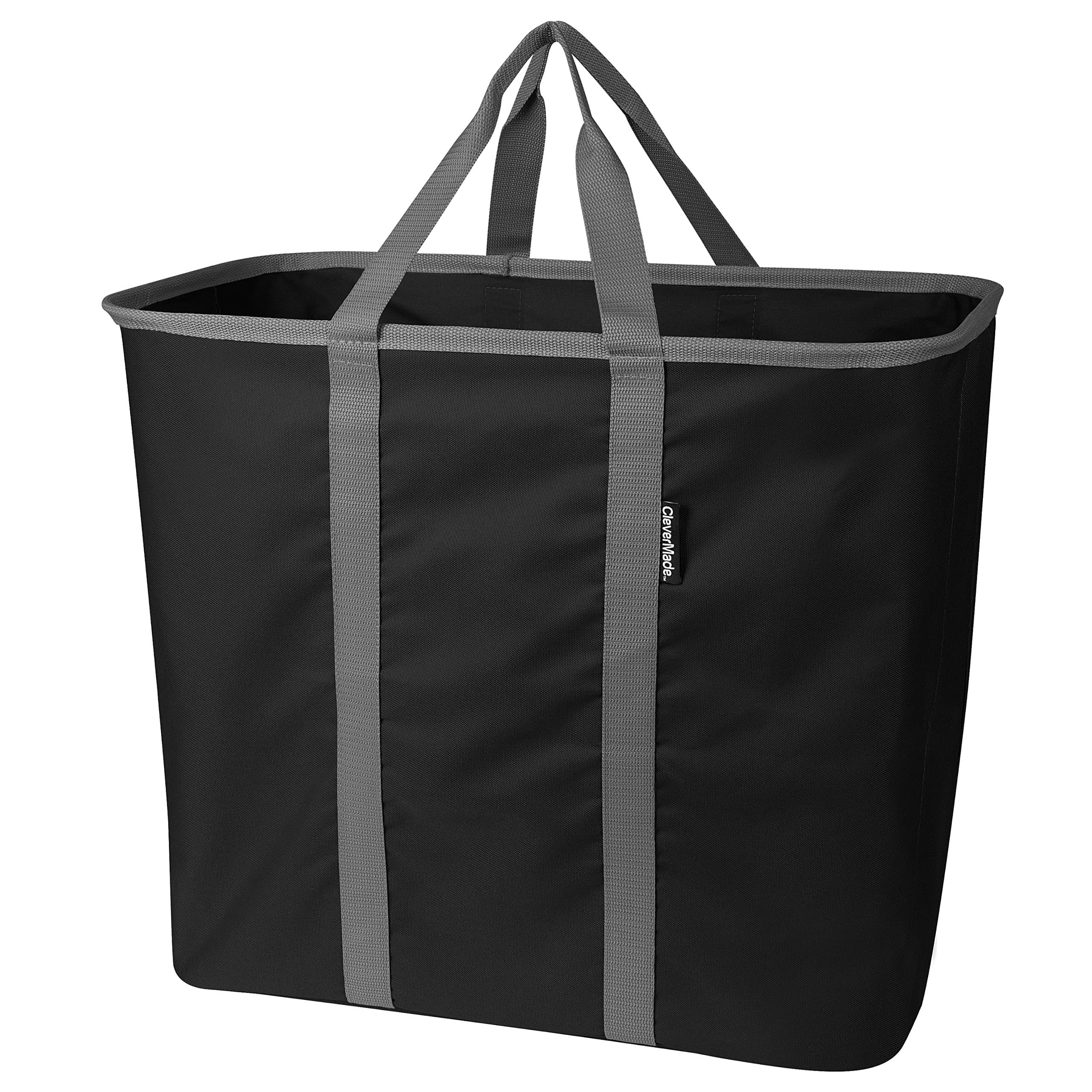 CleverMade Collapsible Laundry Tote, Large Foldable Clothes Hamper Bag, LaundryCaddy CarryAll XL Pop Up Storage Basket with Handles, Black/Grey