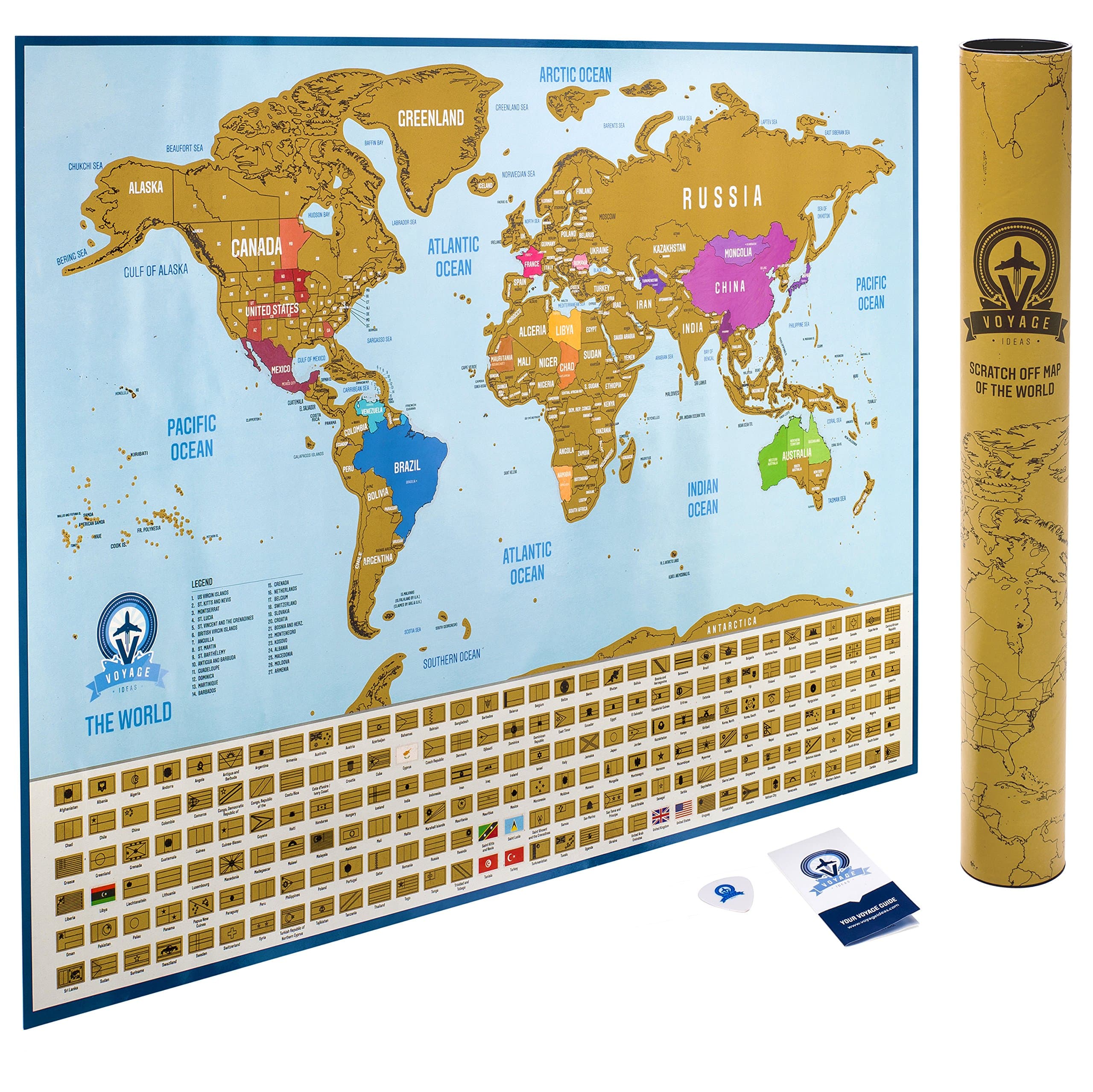 Unique Scratch Off World Map Poster | Scratch Off Your Travels, USA States Divided, Country Flags and Gift Packaging, By Voyage Ideas