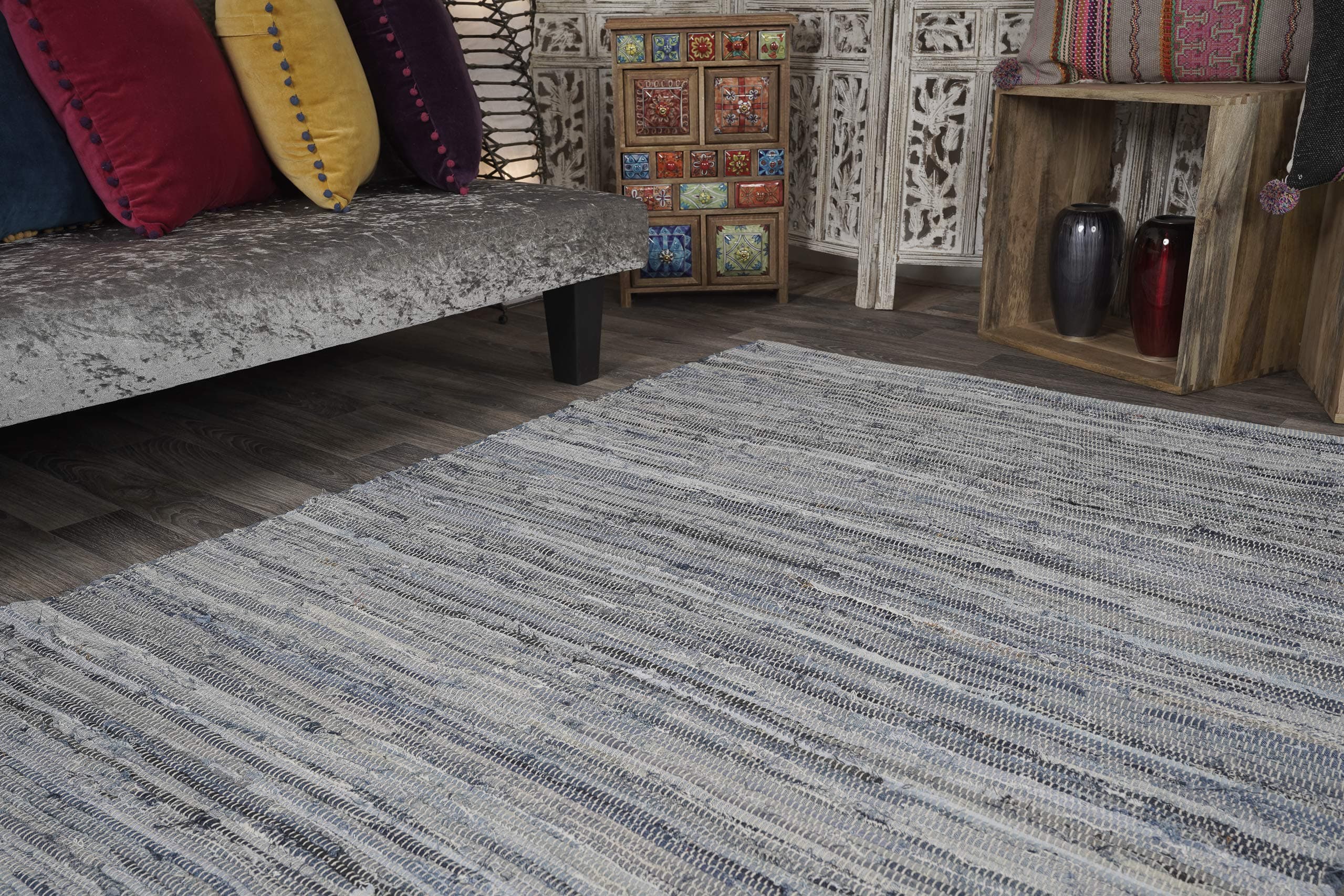 Second Nature Online Long Runner Denim Blue Pale Thick Weave Rag Rug Hand Loomed with Fabric Strips 60 cm x 240 cm