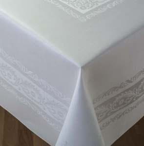 Thomas Ferguson Fine Scroll White Linen Double Damask Rectangular Tablecloth 72in x 126in (183cm x 320cm)