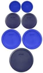 Pyrex (2) 7202-PC 1-Cup Cadet Blue, (2) 7200-PC 2-Cup Dark Blue, (2) 7201-PC 4-Cup Cadet Blue and (1) 7402-PC 6/7-Cup Dark Blue Lids - Made in USA