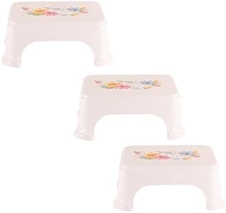 Kuber Industries Pack of 3 Bath Stool for Bathroom | Plastic Stools for Sitting | Bathroom Stool for Bathing | Flower Print Square Stool | White