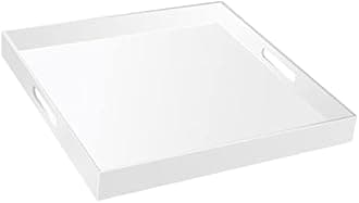 19×19 Inches Glossy White Acrylic Serving Tray with Handles Extra Large Ottoman Tray Decorative Tray Spill-Proof Coffee Table Space Saver Oversize Counter top Organizer Platter with Safe Edge