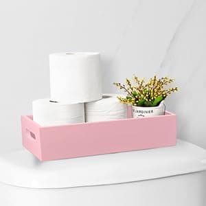 ALELION Pink Bathroom Basket - Wooden Toilet Paper Basket with Handle for Organizing - Back of Toilet Storage Organizer for Bathroom, Tank Topper, Counter - Pink Bathroom Decor Accessories