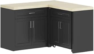 L-Shape Kitchen Pantry Cabinet with Wheels and Drawers, Corner Pantry Storage Cabinet with Doors, Hidden Cart, Cupboard with Beige Countertop Marble Grain, Black, 51.1”W x 50.9”D x 33.5”H