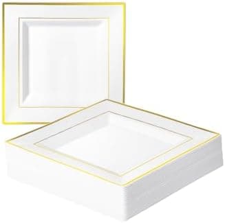 MATANA 40 Premium Square White Plastic Dessert Plates with Gold Rim, 16.5cm / 6.5 Inch - Reusable Small Side Plates, Starter Plates for Weddings, Birthdays, Picnic, BBQ, Parties