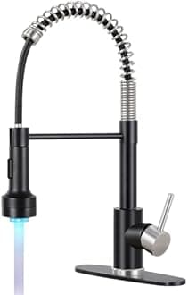 DJS Kitchen Faucets with Pull Down Sprayer Matte Black & Brushed Nickel LED Light Single Handle 1 or 3 Holes Spring Kitchen Sink Faucet with Deck Plate for Farmhouse RV Vessel Basin