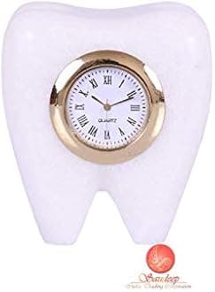 SAUDEEP INDIA Tooth Shape Dentist Desk Marbel Table Clock for Decor and Paper Weight, Ideal Gift for Dentists and Doctors (Sangemarmar Marble Tooth Clock)