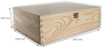 WooDeeDoo Rectangular Wooden Storage Box with Hinged Lid and Clasp – 34 x 25 x 10 cm – Unfinished Pine Case for A4 Documents Art Supplies Craft Projects Office Organisation