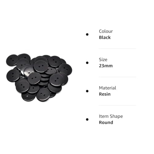 25 x Black Plain Round 23mm Resin Sewing Buttons for Knitting, Arts, Crafts and Clothes