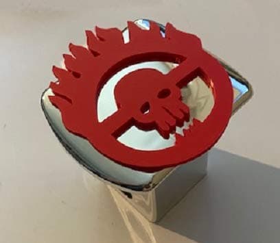 Stickysight.com Mad Flaming Skull in 3D - Chrome with RED - 2 inch Trailer Hitch Cover -Surfer Hang Skater Style