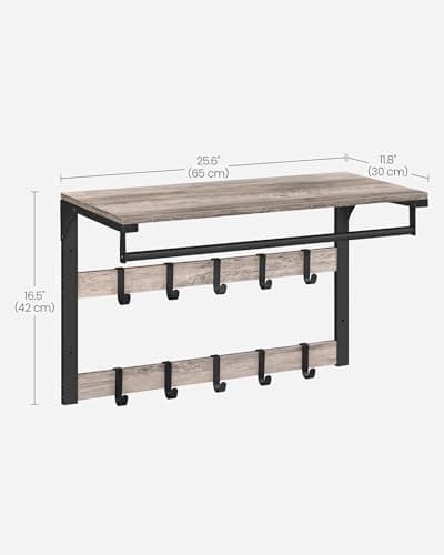 VASAGLE Wall-Mounted Coat Rack, Wall Shelf with 10 Removable Hooks, Clothes Rail, Coat Hooks with Shelf, for Entryway, Bedroom, Bathroom, Greige and Black LCR101B02