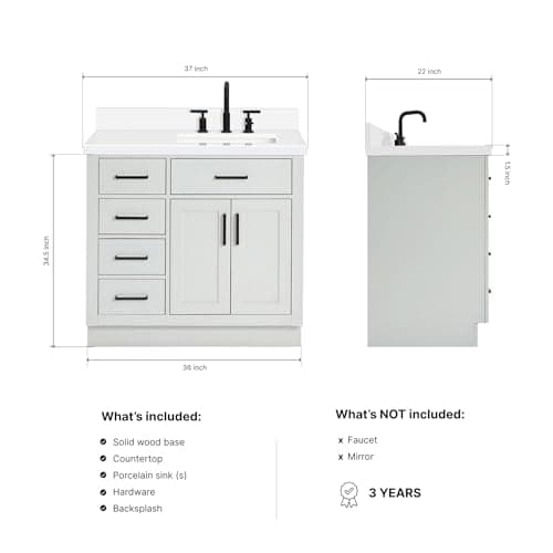 ARIEL Bathroom Vanity 37" Grey with 1.5" Edge Pure White Quartz Countertop & Backsplash, Right Rectangular Sink, 2 Soft Closing Doors, 5 Full Extension Dovetail Drawers, Toe Kick, Matte Black