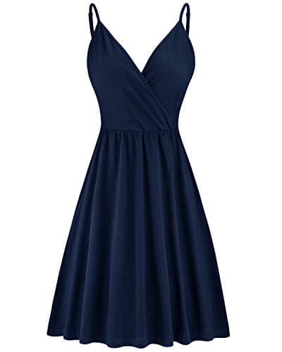 STYLEWORDWomens' Summer 2025 V Neck Floral/Solid Spaghetti Strap Casual Vacation Outfits Spring Sundress with Pocket