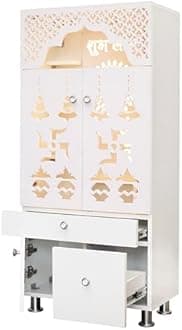 SHLOK White Home Temple with Doors and Inbuilt LED Light Engineered Wood (Height: 130, Pre-Assembled)