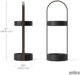 umbra HUB 2320240048 Umbrella Stand, Entrance Storage, Umbrella Holder, Black/Walnut, W 8.7 x D 8.7 x H 27.0 inches (222 x 222 x 686 mm)
