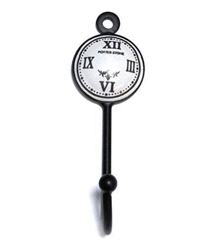Pushka Home Small Potterstone Clock Face Black Metal Iron Coat Hook Hanger. Ideal for hanging scarves, coats, hats, bags and jewellery. Black and white decorative home accessory that will add a vintage look to your interior. An effortless way to transform any room and create a wall feature. The vintage style hook comes in a black iron metal base with a white ceramic porcelain front. Supplied with a screw.