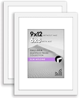 Americanflat 9x12 Picture Frame with Polished Plexiglass - Set of 2 - Use as 6x8 Frame with Mat or Display 9x12 Photo Without Mat - Galleria Collection - Picture Frames for Wall Display - White