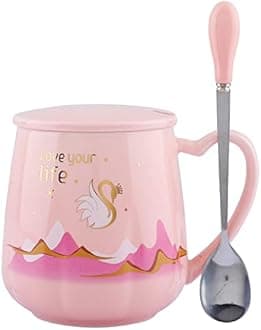Love Your Life Mug Cute Coffee Mugs Funny Ceramic Tea Cups with Ceramic Lid and Spoon Gifts for Birthday (Pink)