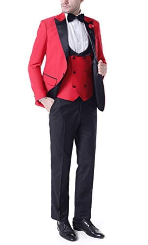 Men's 3 PC Red Notch Lapel Wedding Suits Slim Fit Groom Tuxedos Prom Suits Casual Suit