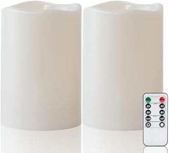 Amagic 2 Pack 6" x 4" Outdoor Plastic Electric flameless Candles with Remote Control and Timer, Battery Operated Flickering LED Pillar Fake Candle for Home, Wedding Decor, Ivory