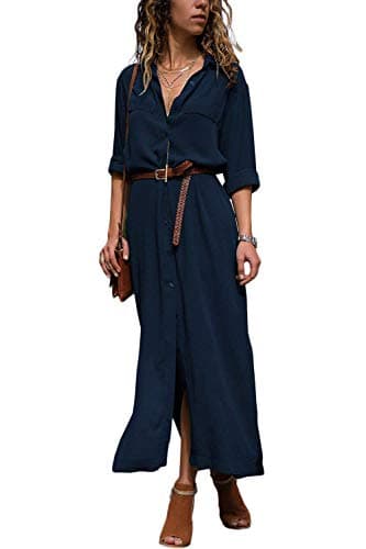 HSRKB Women's Maxi Fall Dresses 1/2 Sleeve V Neck Button Down Dress with Belt Dark Blue