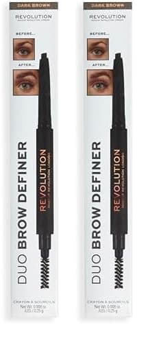 Makeup Revolution Duo Brow Definer Pencil, Add Definition, Includes Brush, Dark Brown (Pack of 2)