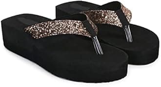 Doctor Walk Women's Platform Flip Flops with Glitter Straps, Black, Wedge Thong Sandals Slipper