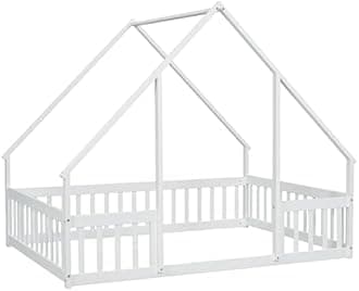 PVWIIK Full Size Montessori Floor Bed with Fence & Guardrails for Kids Girls Boys,House Floor Bed & Solid Wood Bed Frame,Easy Assembly & No Box Spring Needed, White,80.2" L x 57" W x 65.8" H