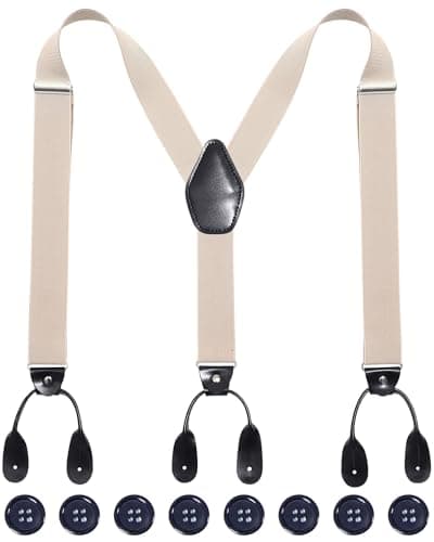Kajeer Men Button Suspenders Adjustable, Heavy Duty Y-Back Elastic Tuxedo Elastic Mens Suspenders with Leather Buttons End