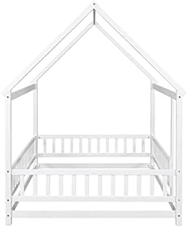 LLS Full Size House Bed with Safety Guardrails, Montessori Floor Bed with Roof Frame, Wood Bed Frame for Boys Girls, White