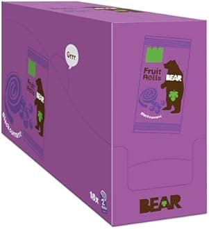 BEAR Fruit Rolls Blackcurrant - 100% Natural Ingredients - No added sugar - Healthy School and Lunch Snacks for Kids and Adults - 18 x 20g