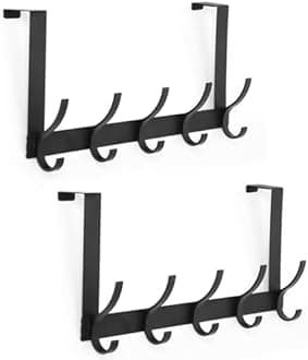 Optish Over The Door Hooks, Door Hanger Hooks for Hanging, Over The Doors Towel Racks for Bathroom with 10 Coat Hook, Coat Rack Bathroom Accessories（2 Pack, Black）