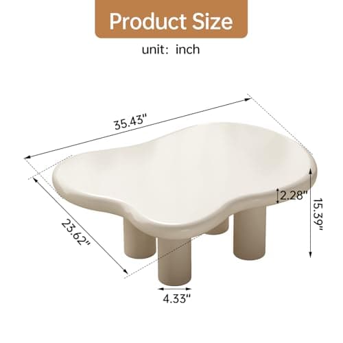 35.43" Cartoon Cloud-Shaped Coffee Table, Unique Irregular End Table with 4 Legs, Aesthetic Funky Center Table for Small Spaces, Living Room, Easy Assemble, Cream White