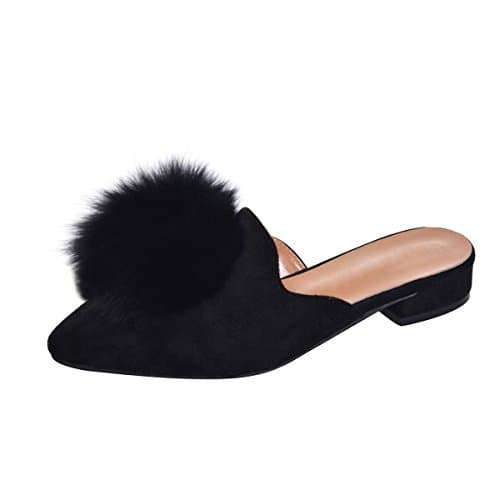 Hee grand Women's Pom Pom Slides Mules Pointed Toe Backless Loafers Ladies Clog Slippers Black