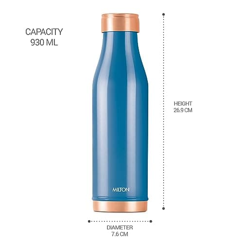 MILTON Copper Charge Water Bottle, 930 ml, Dark Blue | Lacquer Coating, Curved Bottle | Diwali | Festive | Gifting | Yoga | Home | Kitchen | Vedic