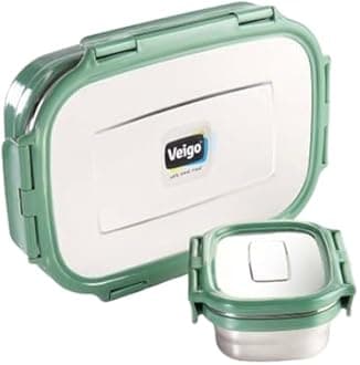 Veigo Jumbo Insulated [New Launch] Military Green Stainless Steel Lunch Box with Small Veg Box | Unbreakable Lid| Leakproof| Airtight| Easy to Open (950+180ML) Kids Office School Picnic & Travelling