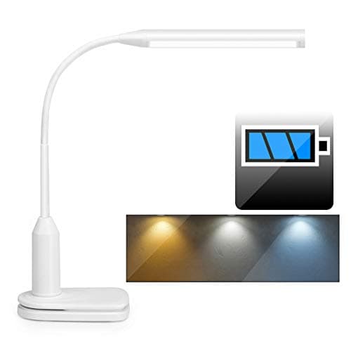 Rechargeable LED Desk Lamp Clip on Light with Battery (2000mAh), 3 Color Temperature, Stepless Dimmable, Touch Control, 360° Flexible Reading Clamp Lamp for Study Bedroom Work (WW-10W)