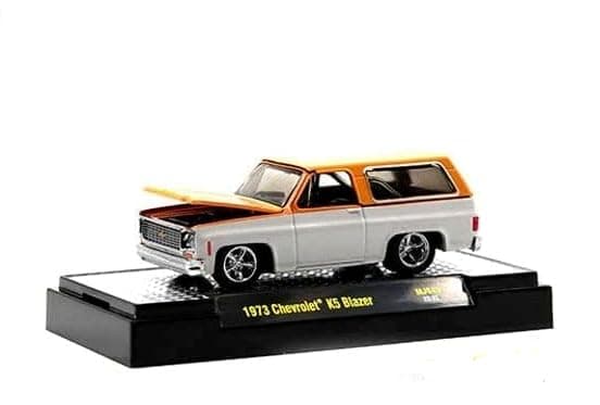 M2 1973 Chevy K5 Blazer Orange Metallic and White Metallic Limited Edition to 6600 Pieces Worldwide 1/64 Diecast Model Car Machines 31500-MJS45