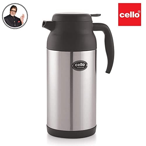 Cello Armour Thermosteel Tea Coffee Carafe with Handle 2000ml, Black | Double Walled, Vacuum Insulated Teapot | Wide Mouth & Easy to Pour | Lightweight Hot & Cold Steel Jug for Home, Office & Gifting
