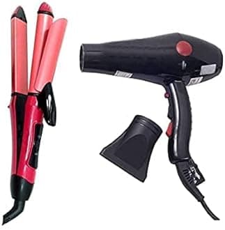 Combo of 1800W Professional Salon Hair Dryer, 2 Speed 3 Heat Settings Cool Button with AC Motor, Concentrator Nozzle & Hair Straightener with Ceramic Plates Quick Heating