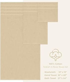 American Soft Linen 6 Piece Towel Set, 2 Bath Towels 2 Hand Towels 2 Washcloths, 100% Turkish Cotton Towels for Bathroom, Beige Towel Sets