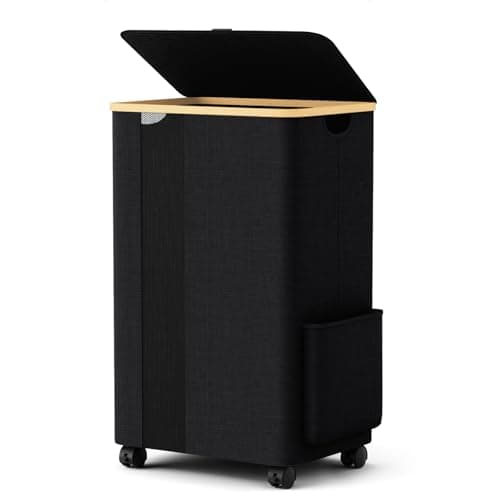 BlissTotes Laundry Basket Laundry Hamper with Lid, Collapsible Slim Laundry Hampers, Laundry Bin, Clothes Hamper Basket with Internal Support & Wheels & Handles for Bathroom, Bedroom (75L, Black)