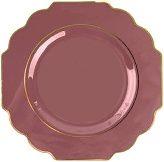 Efavormart 10 Pack | 11" Cinnamon Rose Hard Plastic Baroque Dinner Plates With Gold Rim, Heavy Duty Disposable Dinnerware