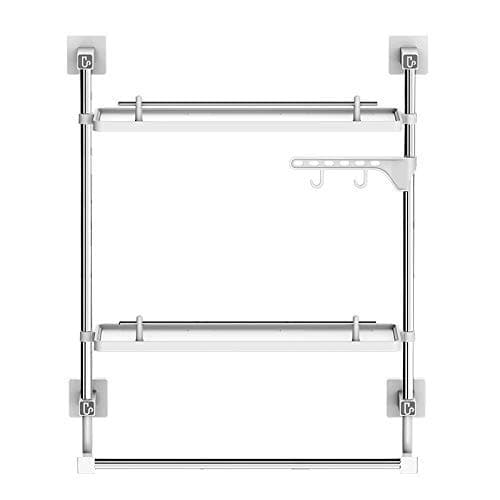 Bathroom Shelf No Drilling 2 Tiers with Towel Rack and Hooks Kitchen Storage Organizer Adhesive Suction Shower Shelves Caddy (Nordic Style)