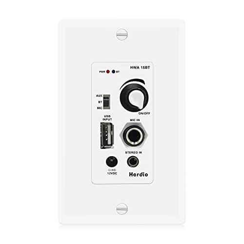 Herdio in Wall Bluetooth Audio Control Amplifier Receiver Wall Plate with USB Microphone Aux (3.5mm) Input 100Watt Max Module for Sound Systems Home Theater Integration