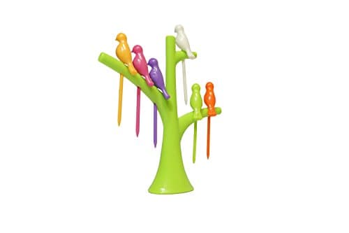 Plastic Fruit Fork Spears Set of 6 Birdies with Tree Shaped Holder, Fancy Toothpicks, Assorted Color Mini Skewers for Cheese Cubes, Bento Box, Crudité, Hors D'oeuvres, Finger Food At Cocktail Parties