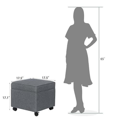 Adeco 17.5" Square Fabric Ottoman with Storage, Upholstered Cotton Linen Foot Rest, Flip Top Footstool, Small Cube Coffee Table Extra Seat for Living Room, Bedroom, Grey with Rolling Legs