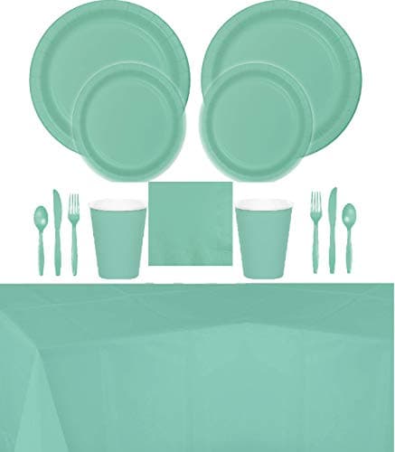 Mint Green Party Supplies - Disposable Dinnerware Set for 16 Guests, Including Paper Dinner & Dessert Plates, Napkins, Cups, Cutlery, and Tablecover